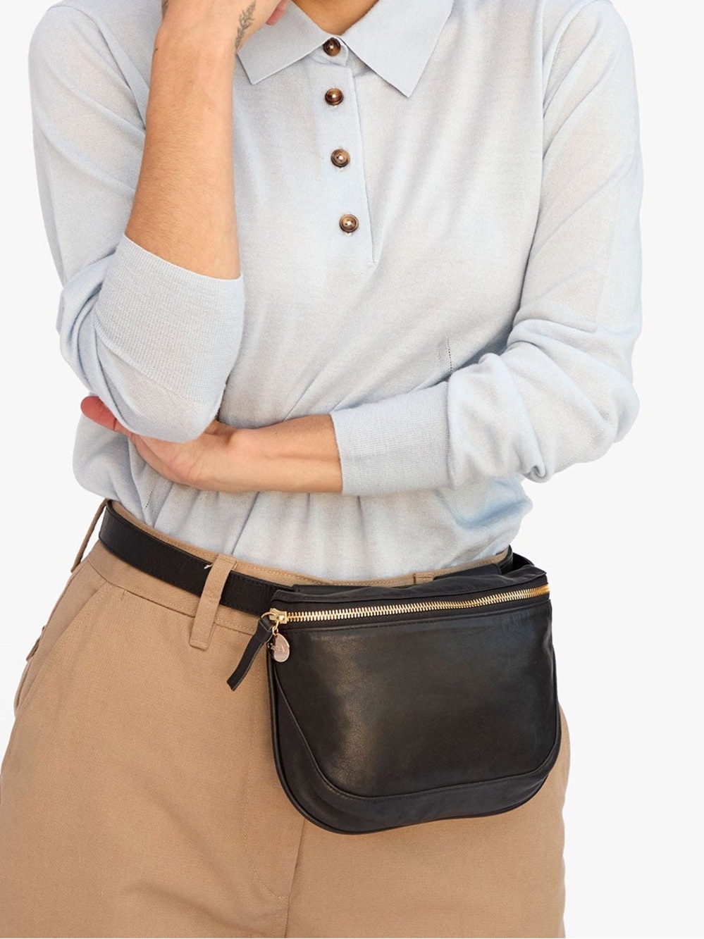 Clare V Black Leather Fanny Pack with Gold Zip